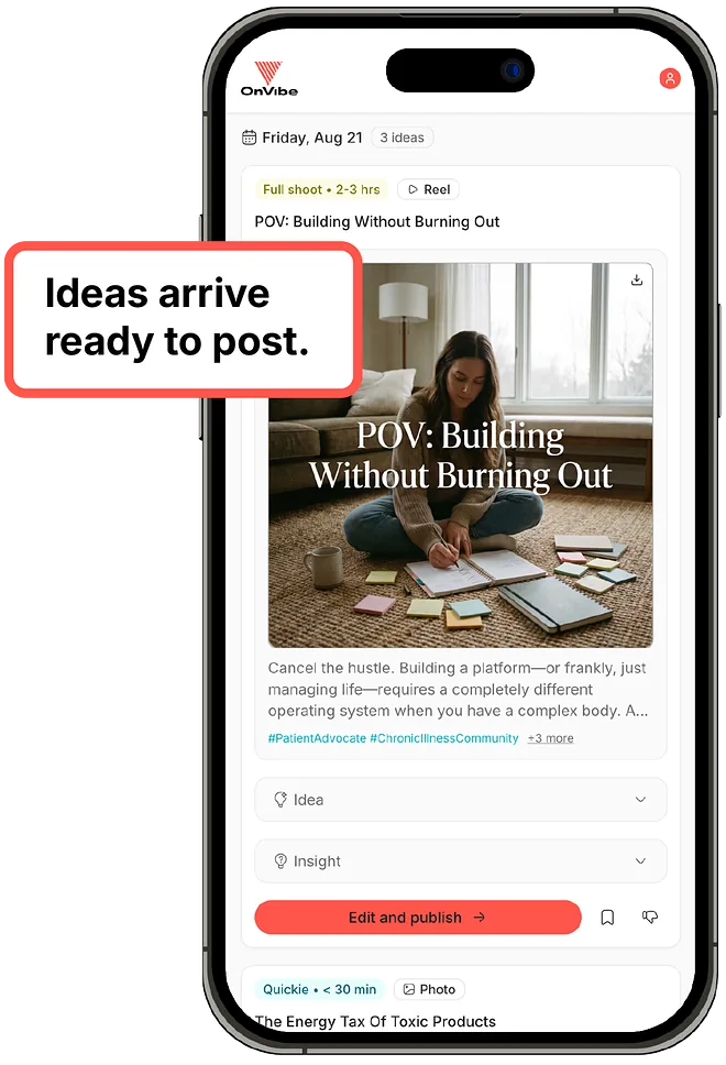 The Daily Drop feed in the OnVibe app — “Ideas arrive ready to post.”