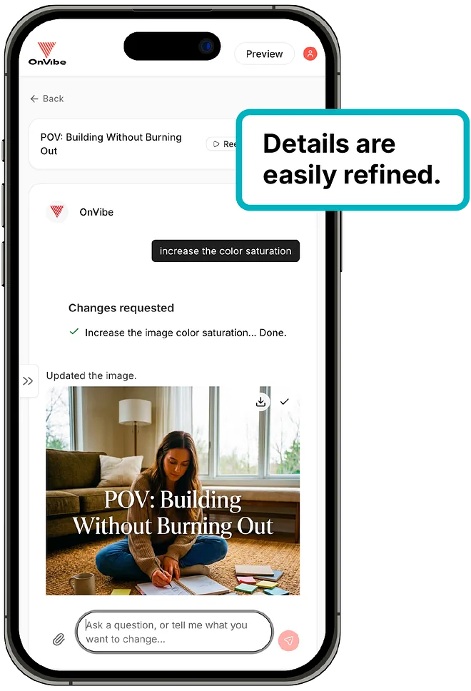Refining a post inside the OnVibe Idea Studio — “Details are easily refined.”