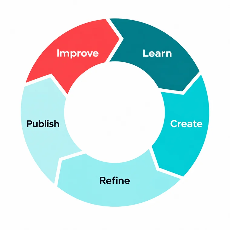 A five-stage loop: Learn, Create, Refine, Publish, Improve — each feeding the next.