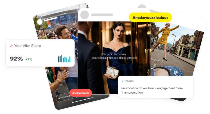 Three OnVibe post previews, with a Vibe Score of 92% (up 7%) and an insight card naming the audience pattern behind it.