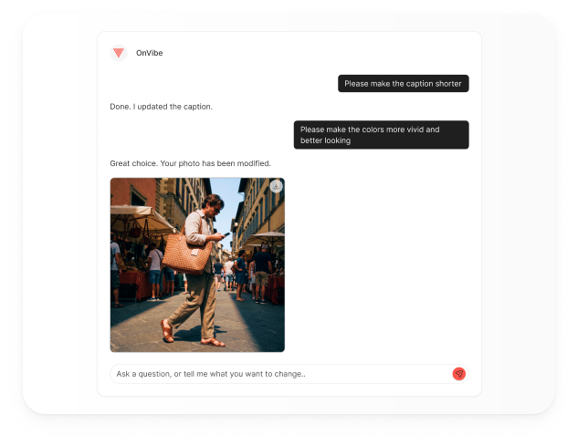 The Idea Studio: asking OnVibe to shorten the caption and make the colours more vivid, and the updated post.